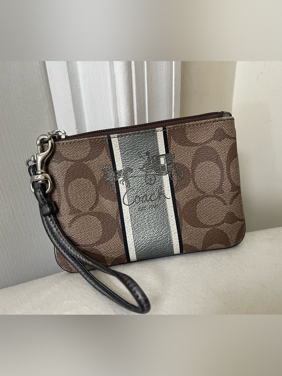 Coach Handbags - Coach Brown Signature Stripe Wristlet with Black and Cream Center Stripe
